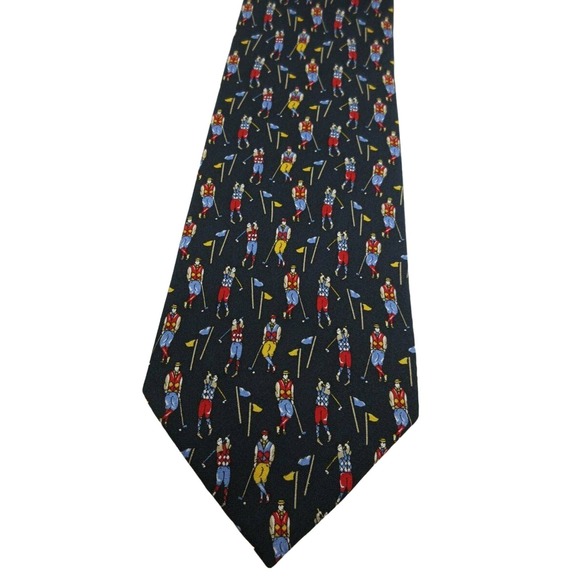 Firense Men's Italian Silk Necktie Black Multi Golf Players Flags Italy - Picture 2 of 3